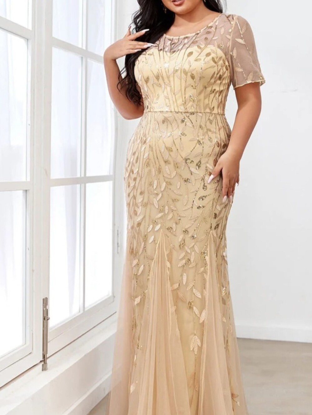 Beige Maxi Dress with Gold Leaf Embroidery And Flare Skirt.